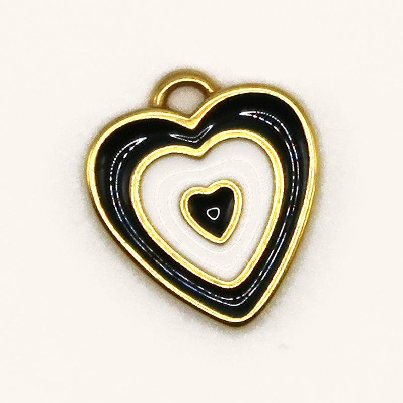 Heart Black White charm in gold