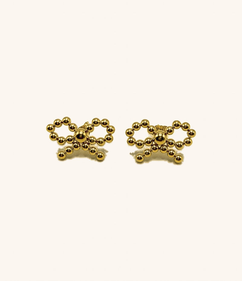Beaded Bow Stud Earrings — gold bow studs traced in beads